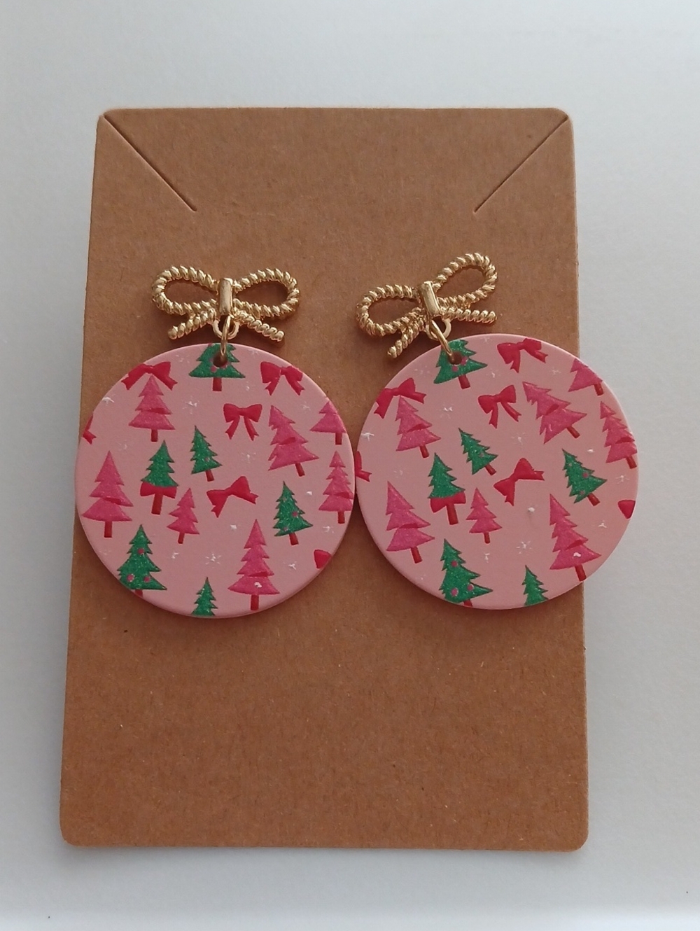 Kids Pink Holiday Tree Dangle Earrings with Gold Bow